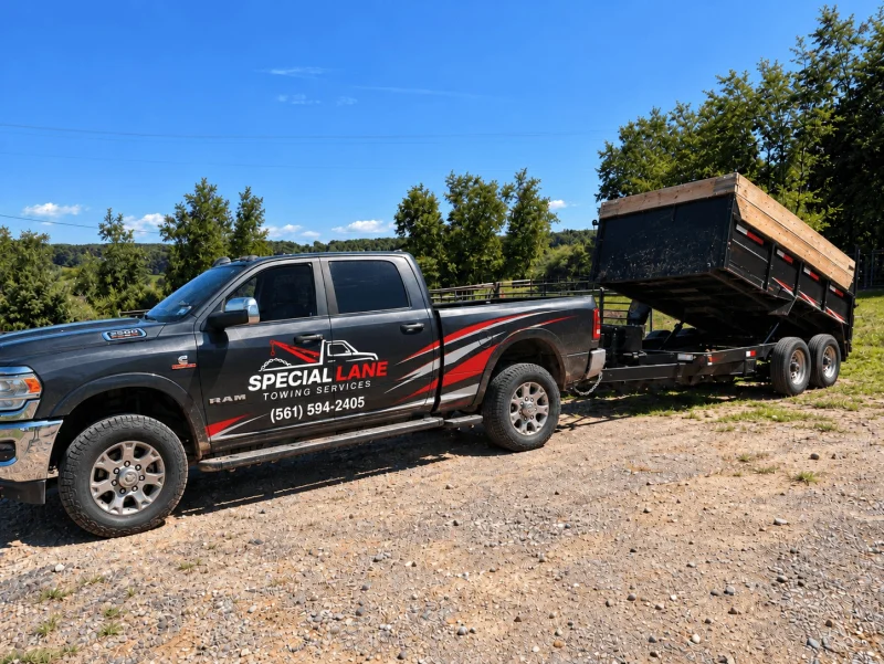 Special Lane Towing Services pickup truck towing a dump trailer