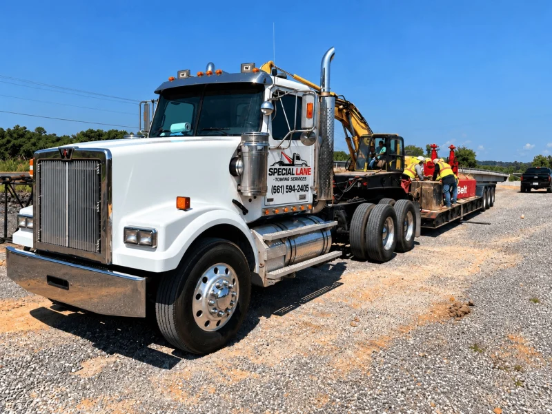 Special Lane Towing Services semi truck with a lowboy trailer at a job site, with an excavator and crew