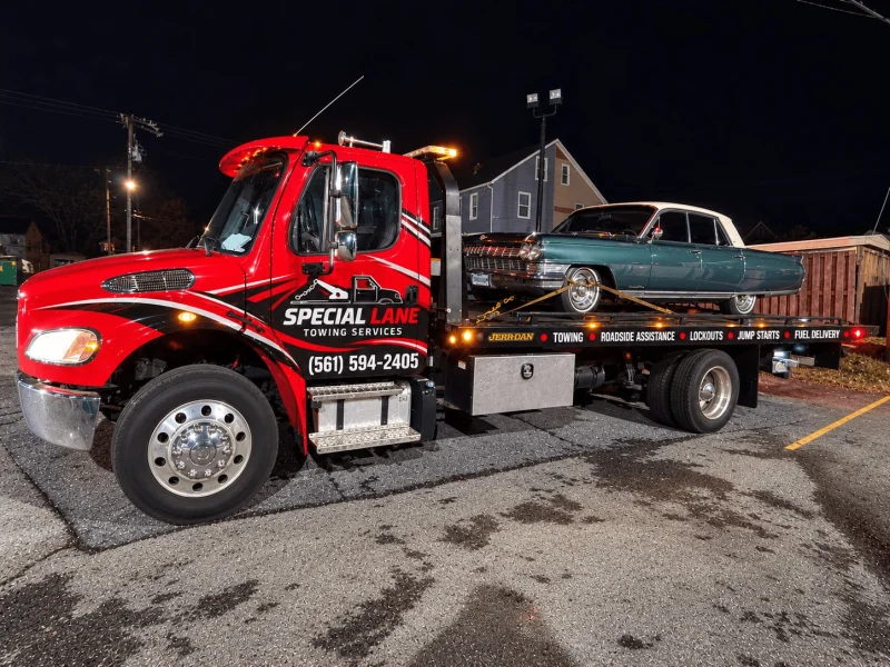 Special Lane Towing Services red flatbed tow truck carrying a classic car at night