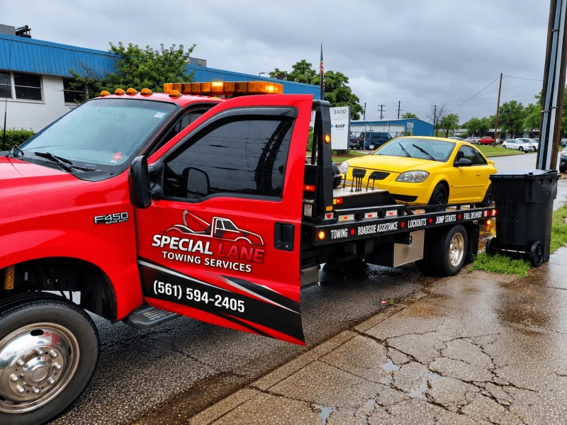 Special Lane Towing Services red flatbed tow truck carrying a yellow car in the rain