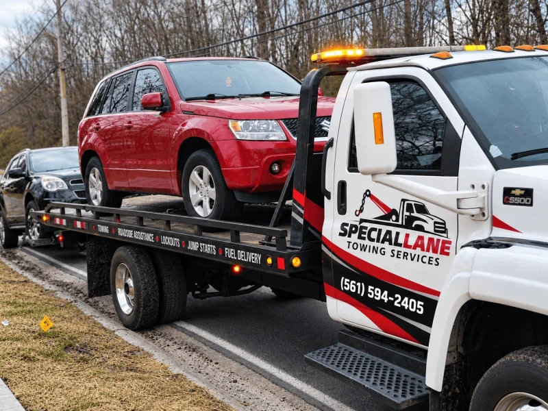 Special Lane Towing Services white flatbed tow truck carrying a red SUV