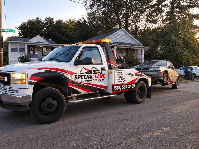 Special Lane Towing Services white tow truck towing a gray car
